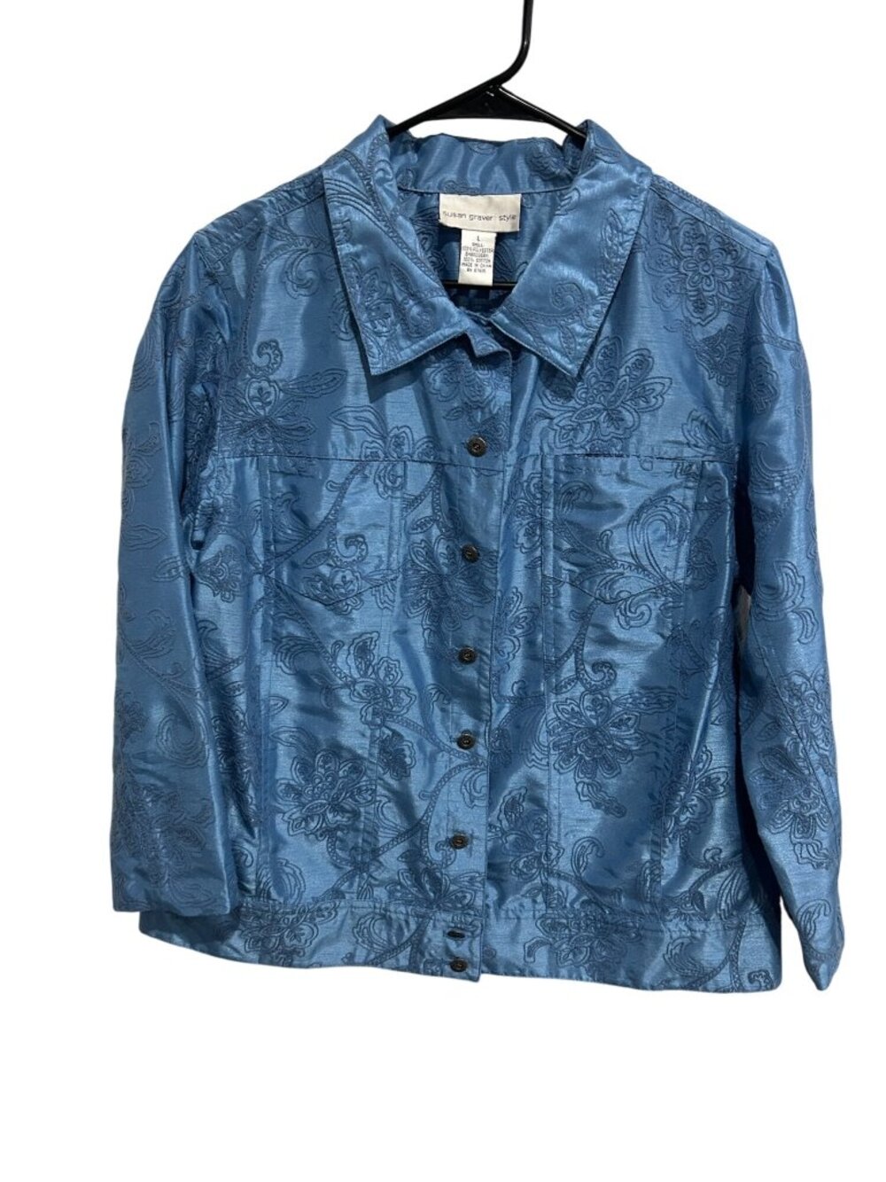 Susan Graver Style Embroidered Button Front Shirt Jacket Blue Sz Large Boho